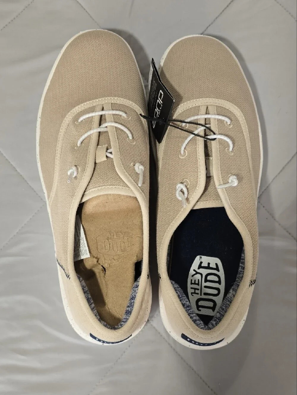 Hey Dude Men's Beige Canvas Boat Shoes with White Laces